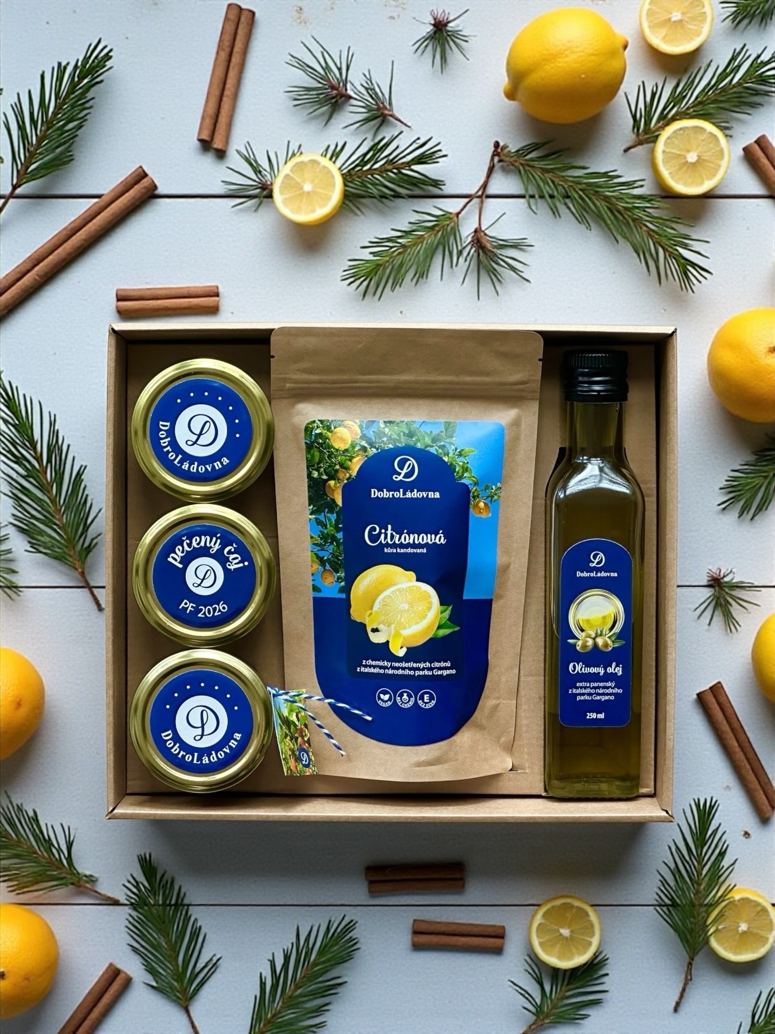 Krabička plná chutí Itálie Dárková krabička s pomerančovou marmeládou, olivovým olejem, kandovanou kůrou a dalšími dobrotami s citrusy